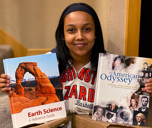 Girl with science and history books
